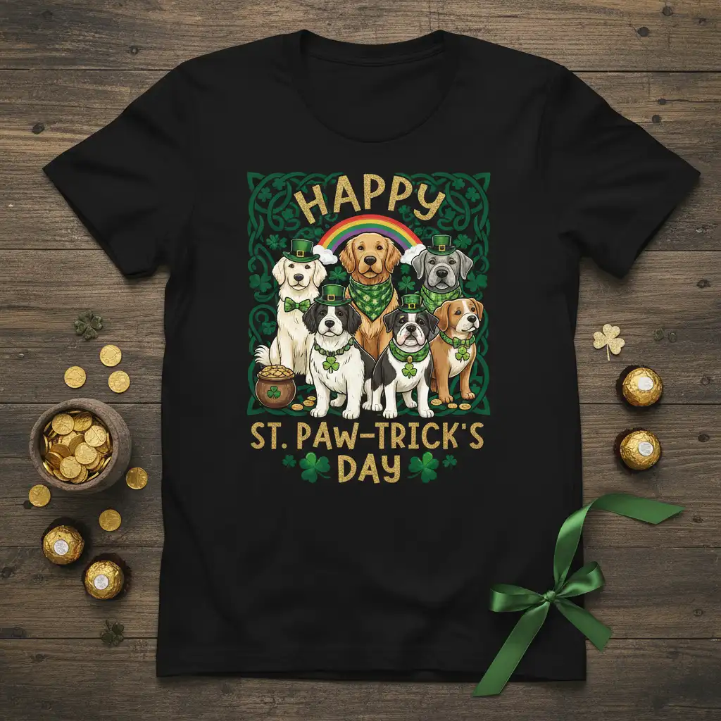 Happy St. Paw-Trick's Day graphic with multiple dog breeds wearing festive St. Patrick's Day accessories and a rainbow