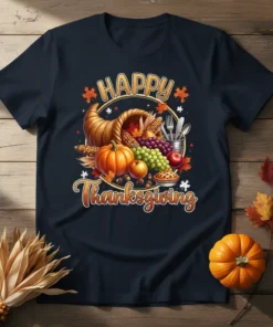 Happy Thanksgiving text above a cornucopia filled with pumpkins, grapes, corn, and apples, on a navy t-shirt