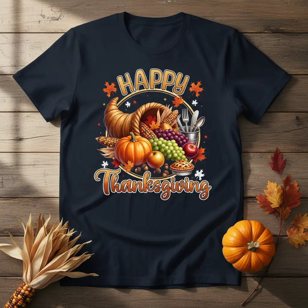 Happy Thanksgiving quote with cornucopia of fall harvest foods and autumn leaves on a navy blue t-shirt