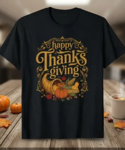 Happy Thanksgiving text with a cornucopia filled with pumpkins, corn, and leaves on a black t-shirt