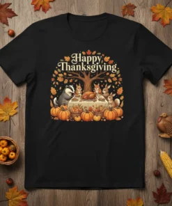 Happy Thanksgiving text with cute badger, rabbits, and fox family gathered around a turkey dinner table, surrounded by pumpkins and