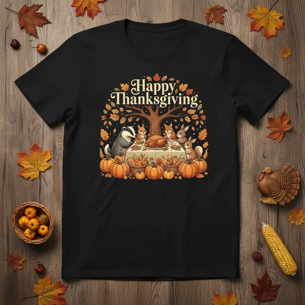 Happy Thanksgiving text above a charming scene of woodland animals having a festive dinner, complete with turkey and pumpkins