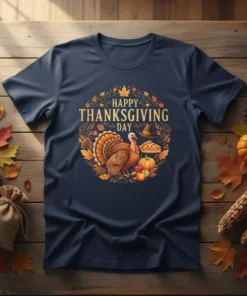 Happy Thanksgiving Day text with a festive turkey, pie, and hat graphic design on a navy blue t-shirt