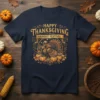 Happy Thanksgiving Harvest Festival text with a detailed turkey and pumpkins graphic on a navy t-shirt