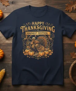 Happy Thanksgiving Harvest Festival text with a detailed turkey and pumpkins graphic on a navy t-shirt