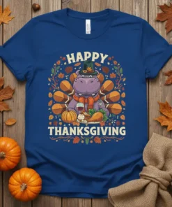 Happy Thanksgiving text with a cartoon hippo wearing a pilgrim hat and eating turkey on a blue t-shirt