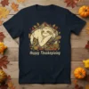 Happy Thanksgiving T-Shirt with a cute, sleepy sloth design, autumn leaves, pumpkins, and a cornucopia