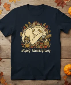 Happy Thanksgiving T-Shirt with a cute, sleepy sloth design, autumn leaves, pumpkins, and a cornucopia