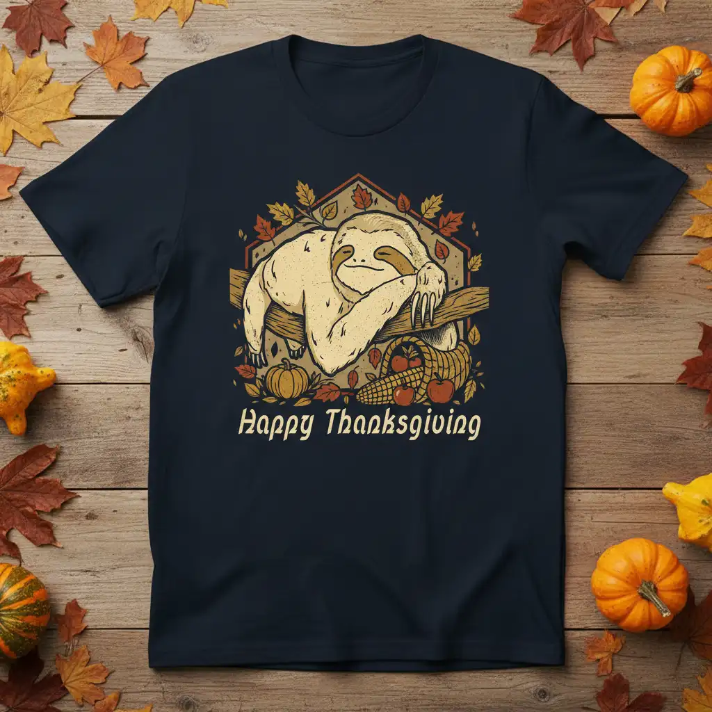 Happy Thanksgiving sloth design with pumpkins and autumn leaves on a navy t-shirt