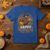 Happy Thanksgiving t-shirt design with a cartoon turkey holding a pie, surrounded by pumpkins and autumn leaves