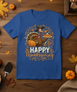 Happy Thanksgiving t-shirt design with a cartoon turkey holding a pie, surrounded by pumpkins and autumn leaves