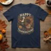 Happy Thanksgiving text above a detailed illustration of a Thanksgiving turkey with pumpkins and fall leaves on a navy t-shirt