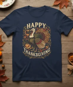 Happy Thanksgiving text above a detailed illustration of a Thanksgiving turkey with pumpkins and fall leaves on a navy t-shirt