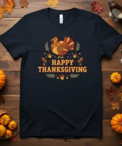 Happy Thanksgiving text with a colorful turkey graphic, acorns, and leaves on a navy t-shirt