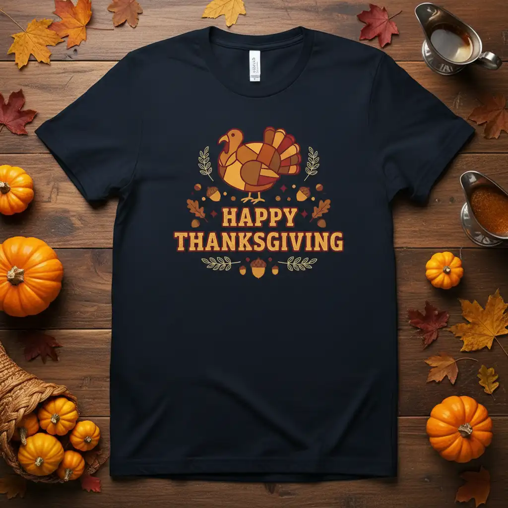 Happy Thanksgiving text with a festive turkey graphic, acorns, and autumn leaves on a navy t-shirt