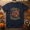Happy Thanksgiving t-shirt with a colorful turkey and fall leaves graphic