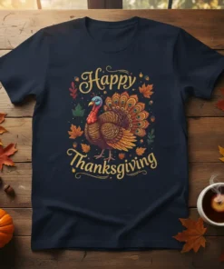 Happy Thanksgiving t-shirt with a colorful turkey and fall leaves graphic