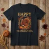 Happy Thanksgiving text above a detailed turkey graphic with a carved turkey, pumpkin, and wine glass