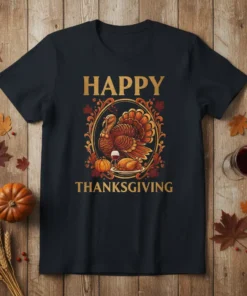 Happy Thanksgiving text above a detailed turkey graphic with a carved turkey, pumpkin, and wine glass