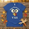 Happy Thanksgiving Y'ALL turkey face graphic tee, featuring cartoon eyes and wattle, blue shirt