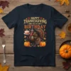 Happy Thanksgiving And Yes It's My Birthday quote with a cartoon turkey holding a cake, pumpkins, and fall leaves