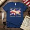 Happy Treason Day Ungrateful Colonials text with distressed Union Jack flag and scroll graphic on a blue t-shirt