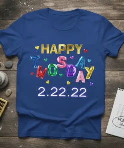 Happy Tuesday 2.22.22 text design with colorful gem letters and heart accents on a blue t-shirt