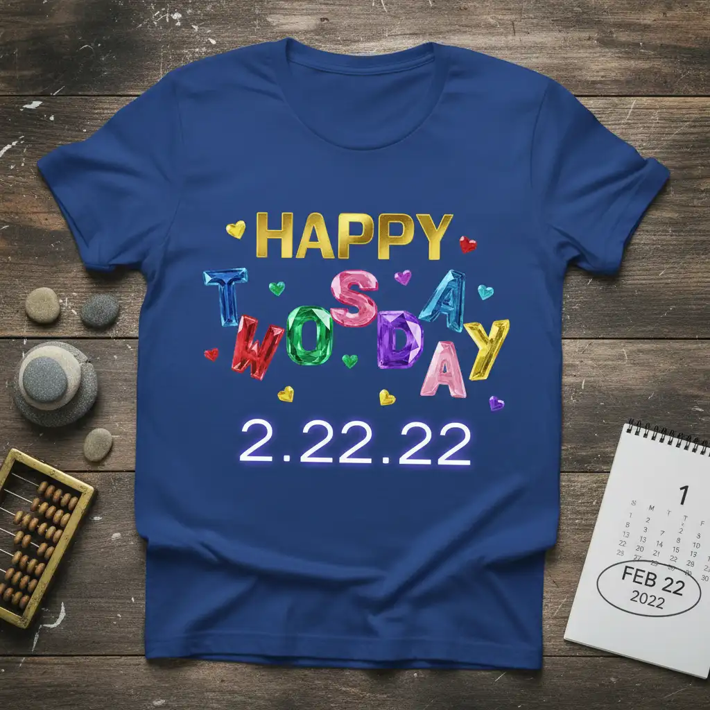Happy Tuesday 2.22.22 text with gem-like letters and small hearts on a blue t-shirt