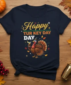 Happy Turkey Day text with a cartoon turkey holding a martini glass, on a navy t-shirt