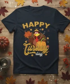 Happy Turkey Day text with a cartoon turkey and pumpkin graphic on a dark t-shirt, surrounded by fall leaves