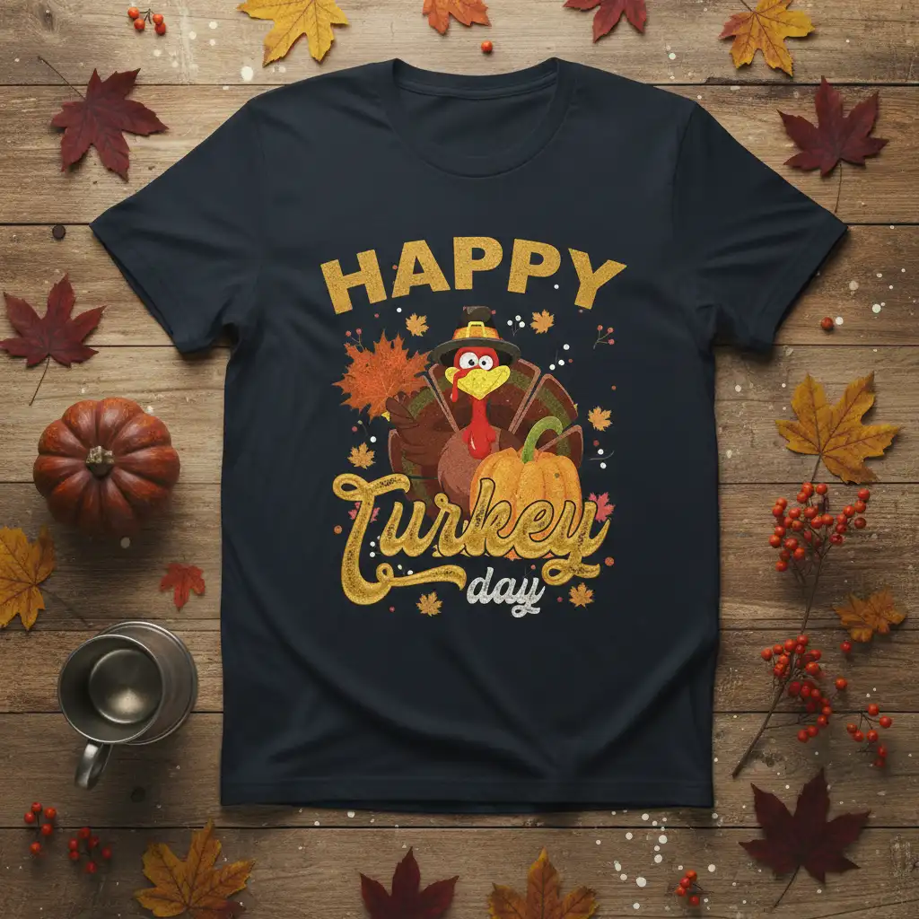Happy Turkey Day text with a playful turkey and pumpkin graphic on a navy tee, autumn leaves motif