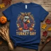 Happy Turkey Day text with a cute, glasses-wearing turkey graphic, adorned with a leopard print bandana and fall leaves