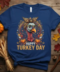 Happy Turkey Day text with a cute, glasses-wearing turkey graphic, adorned with a leopard print bandana and fall leaves