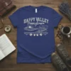 Happy Valley Pennsylvania text design with vintage train, rolling hills, and autumn leaves on a blue t-shirt