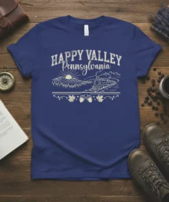 Happy Valley Pennsylvania text design with vintage train, rolling hills, and autumn leaves on a blue t-shirt