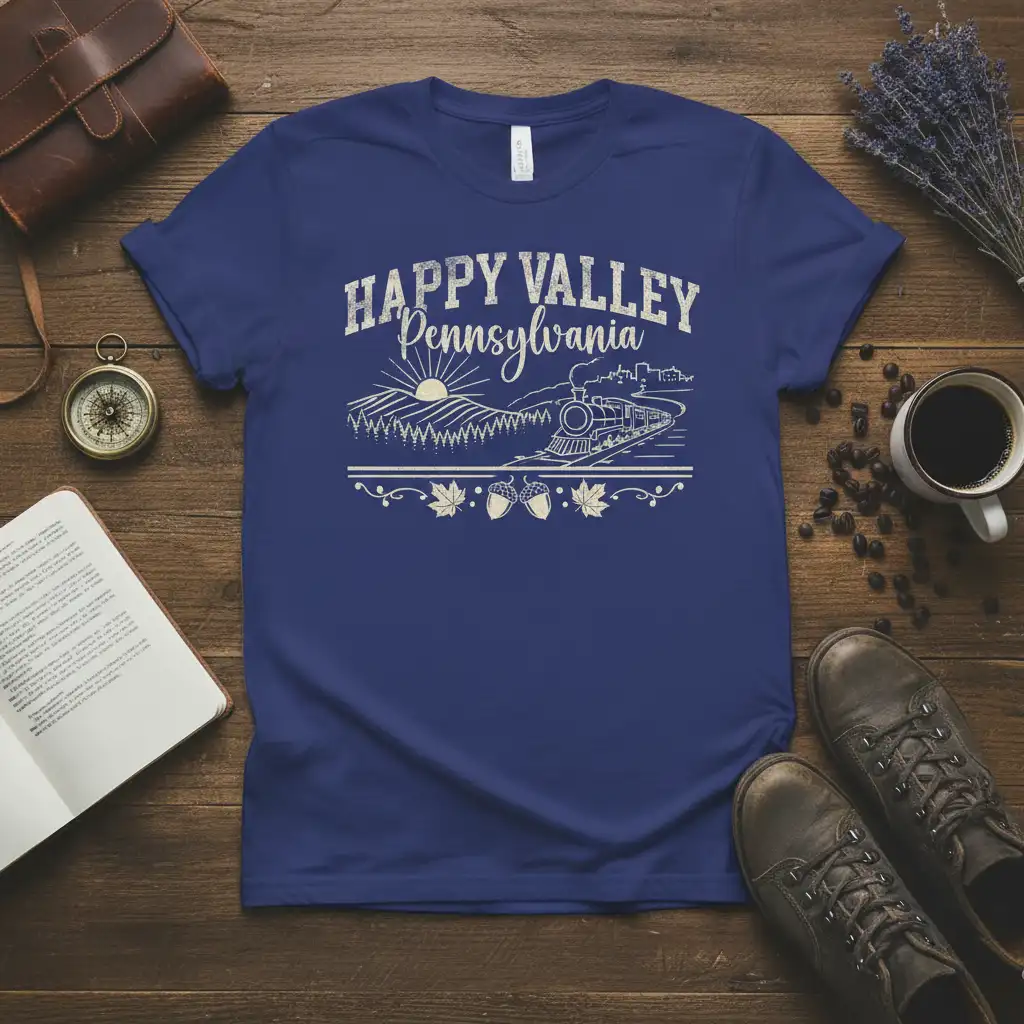 Happy Valley Pennsylvania text and vintage train design with autumn leaves and acorns on a blue t-shirt