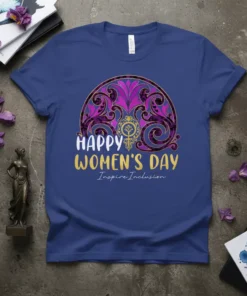 Happy Women's Day Inspire Inclusion text with ornate graphic on a blue t-shirt