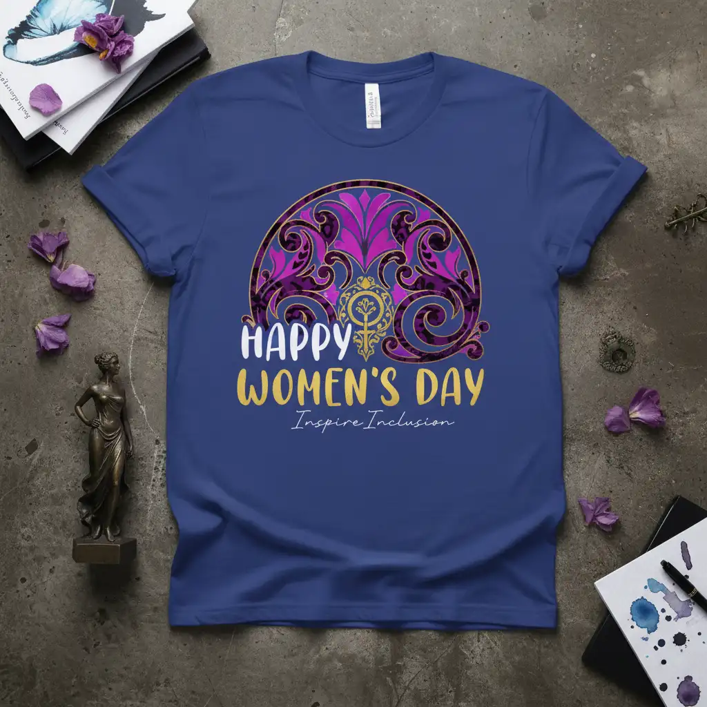 Happy Women's Day Inspire Inclusion quote with ornate purple and gold graphic on a blue t-shirt