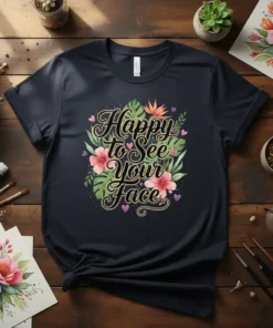 Happy to See Your Face quote on a dark t-shirt with pink flowers and green leaves, floral design