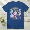 Happy to See Your Face retro smiley face t-shirt design with flowers and clouds in pastel colors