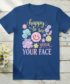 Happy to See Your Face retro smiley face t-shirt design with flowers and clouds in pastel colors
