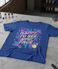 Happy to See Your Face text with retro neon graphics and smiley face on a blue t-shirt