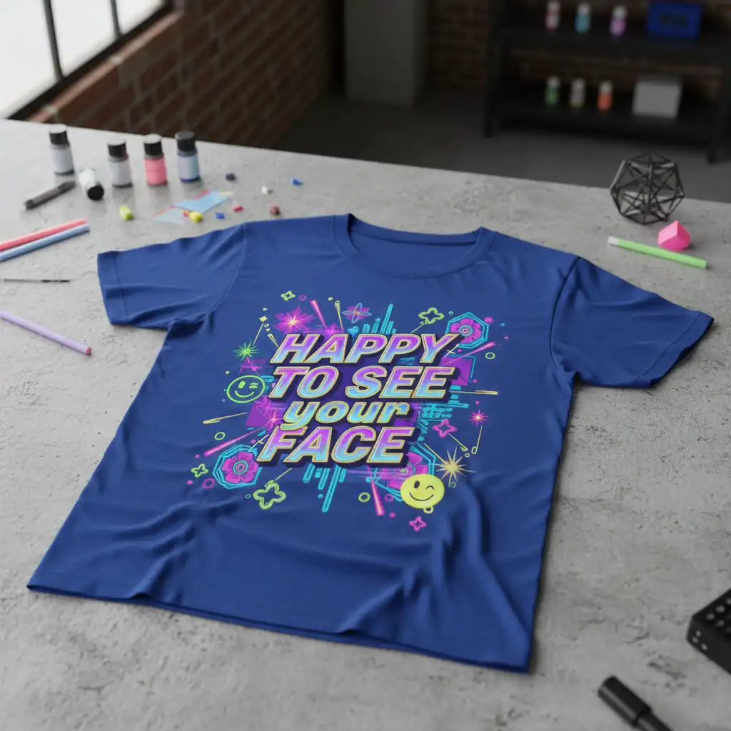 Happy to See Your Face quote in retro neon style with playful graphics and smiley face graphic