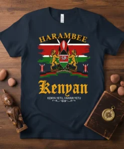 Harambee Kenyan Kenya Yetu Fahari Yetu t-shirt with Kenyan flag and coat of arms design