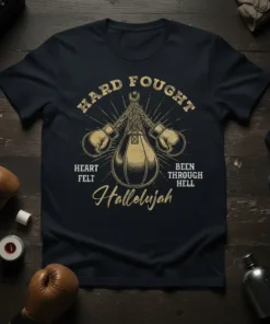 Hard Fought Been Through Hell Hallelujah Heart Felt boxing t-shirt design with punching bag and gloves