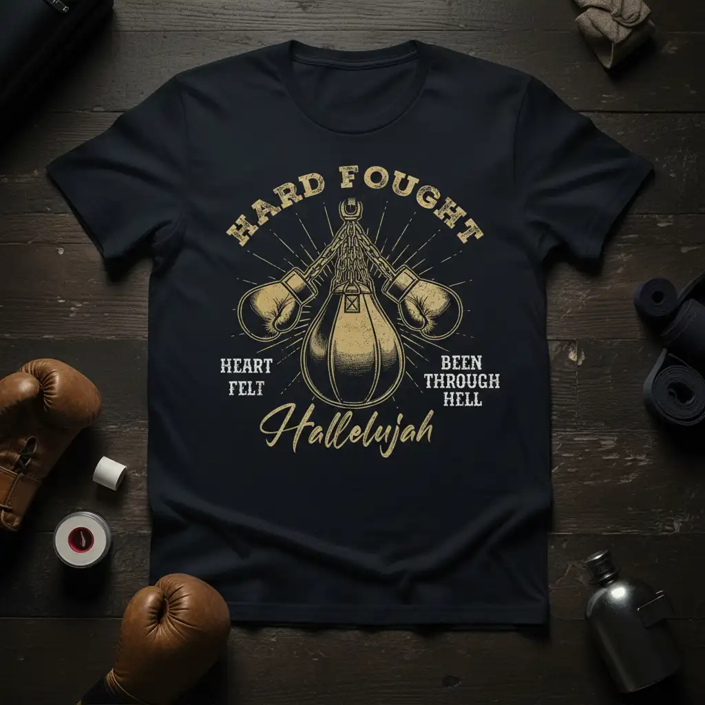 Hard Fought Been Through Hell Hallelujah Heart Felt quote t-shirt with vintage boxing graphic