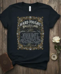 HARD FOUGHT HALLELUJAH I'LL text design featuring unique typography on quality t-shirt