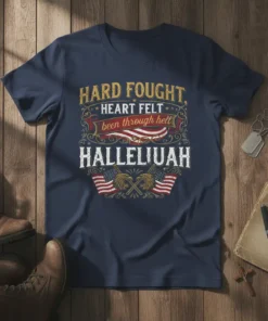 Navy t-shirt with gold and white text HARD FOUGHT, HEART FELT, been through hell HALLELUJAH, featuring American flags and eagles