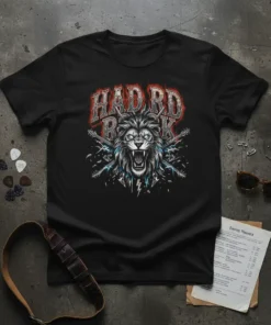 Black t-shirt with "HAD RD ROCK" text above a roaring lion with crossed electric guitars and lightning graphics