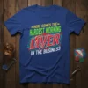 Text "Here Comes The Hardest Working Liver In The Business" on a royal blue t-shirt, funny alcohol humor design
